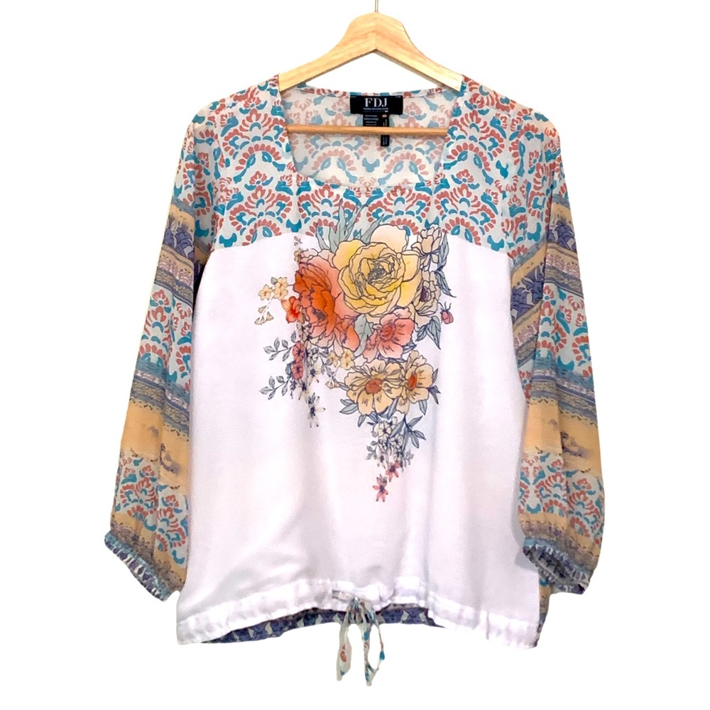 FDJ French Dressing Jeans Puff Sleeve Flora Print Top Square Neckline Size 6